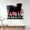 Patriotic pug wall sign displayed on a white paneled wall above a console table
