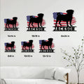 Patriotic pug metal sign shown in multiple size options arranged on a living room wall