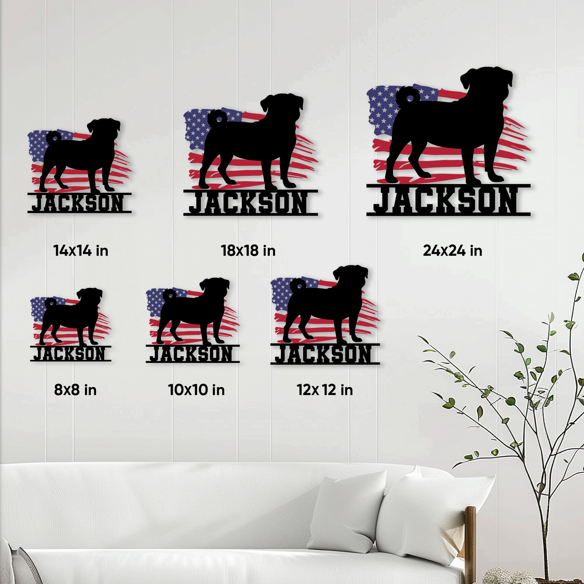 Patriotic pug metal sign shown in multiple size options arranged on a living room wall