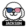 Custom Bichon Frise metal sign featuring a fluffy dog in patriotic sunglasses and a curled mustache
