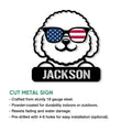 Bichon Frise cut metal sign feature graphic showing the patriotic dog design and product details
