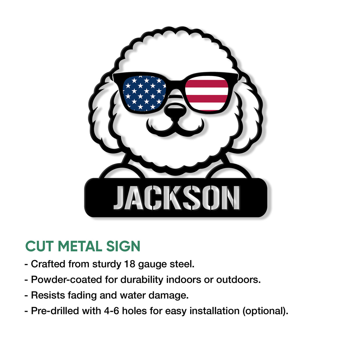 Bichon Frise cut metal sign feature graphic showing the patriotic dog design and product details
