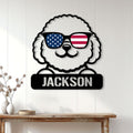 Bichon Frise metal wall sign displayed on a white paneled wall above a console table