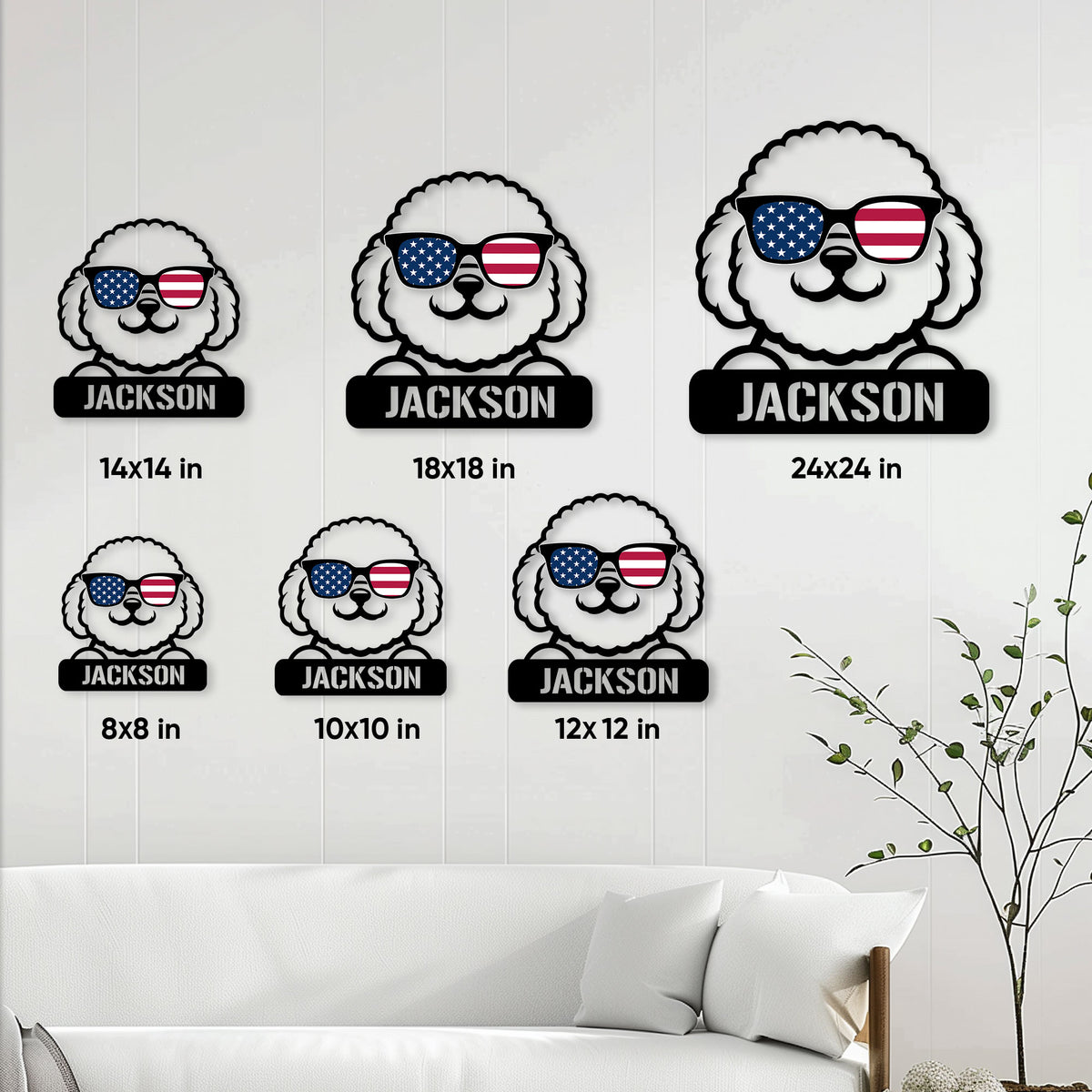 Bichon Frise metal sign size guide showing available sizes from 8 by 8 to 24 by 24 inches