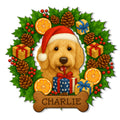 Goldendoodle Christmas metal sign featuring a Santa-hat dog surrounded by gifts, holly leaves, berries and pinecones