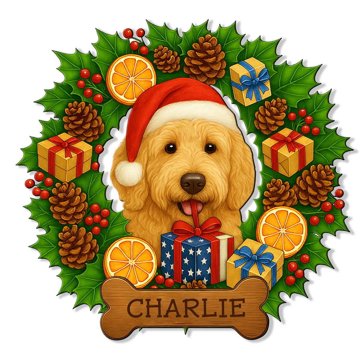 Goldendoodle Christmas metal sign featuring a Santa-hat dog surrounded by gifts, holly leaves, berries and pinecones