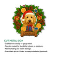 Goldendoodle holiday metal sign shown with a festive wreath design and cut metal sign feature details