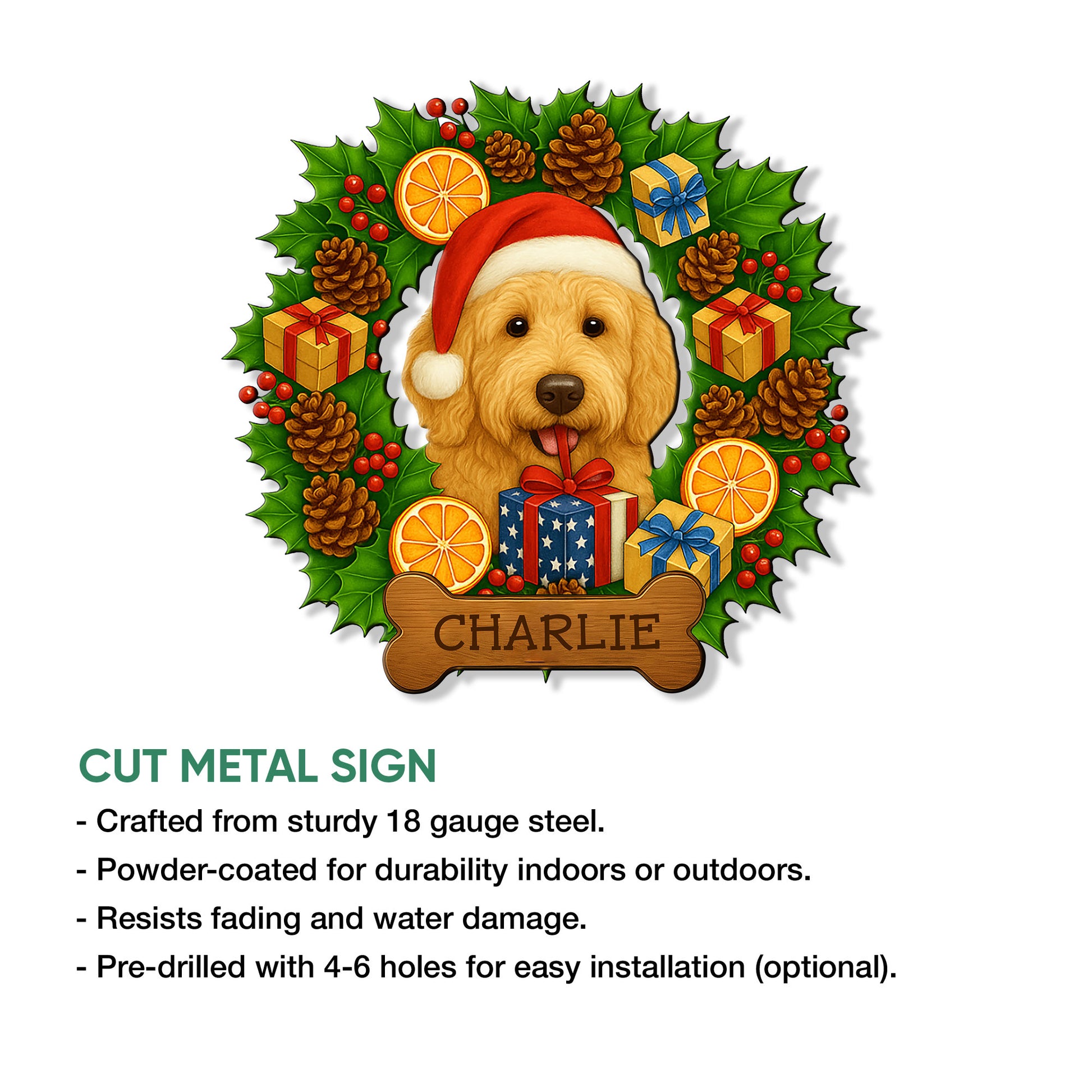 Goldendoodle holiday metal sign shown with a festive wreath design and cut metal sign feature details
