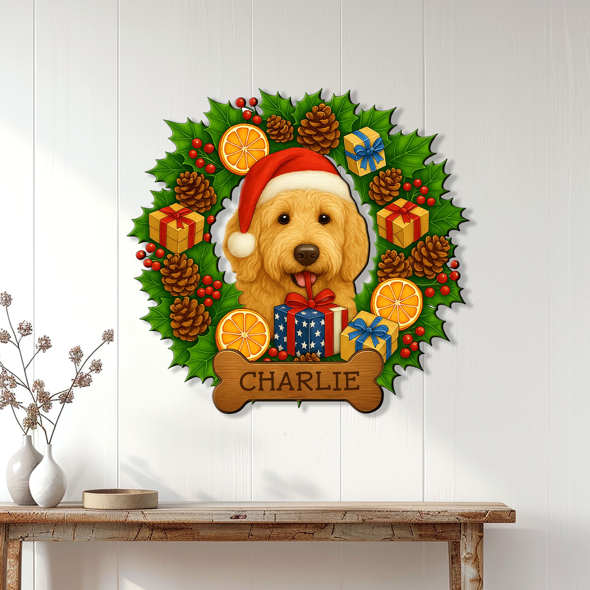 Goldendoodle Christmas wall sign displayed on a white paneled wall above a wood console table
