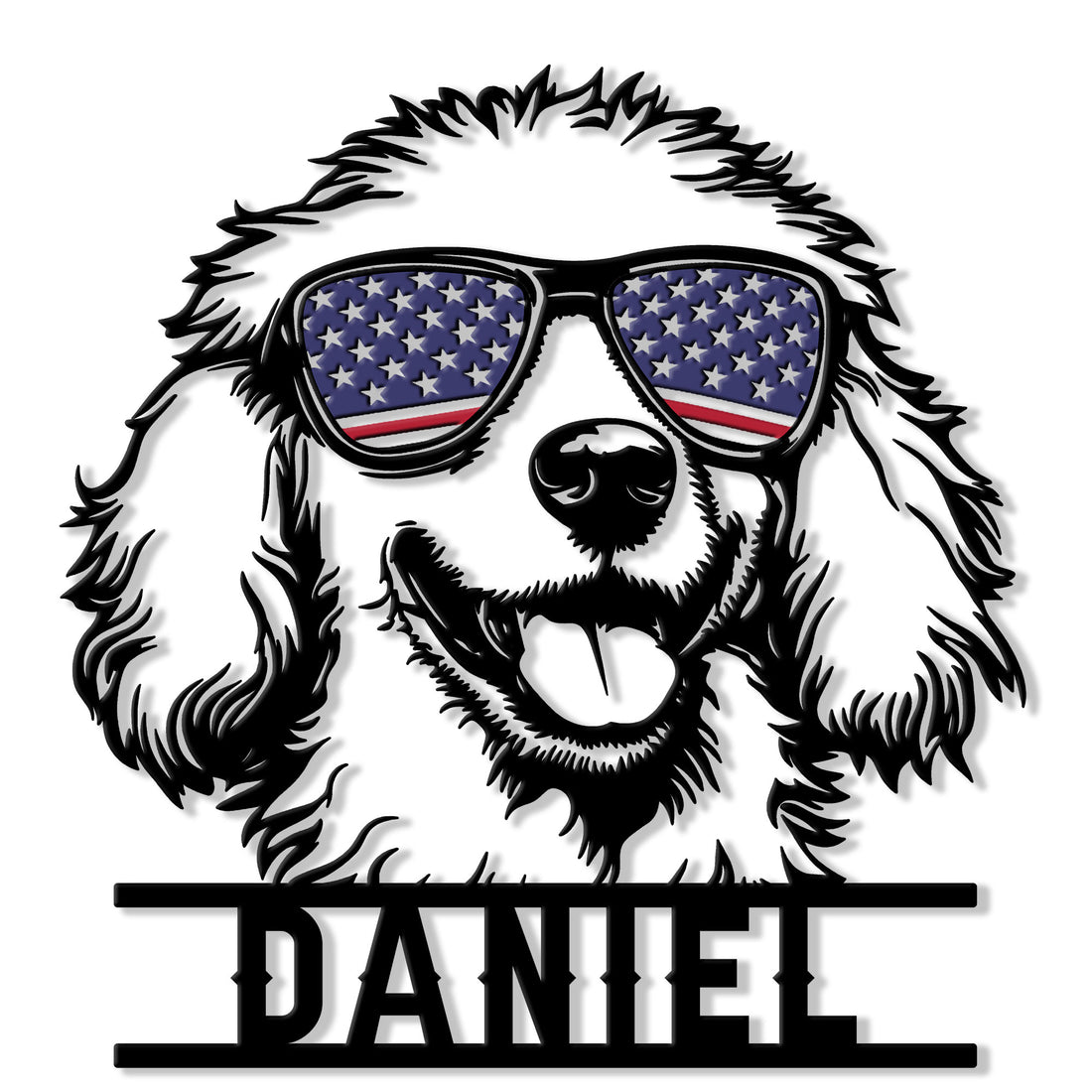 Custom poodle metal sign featuring a fluffy dog wearing patriotic flag sunglasses