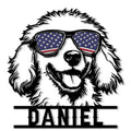 Custom poodle metal sign featuring a fluffy dog wearing patriotic flag sunglasses