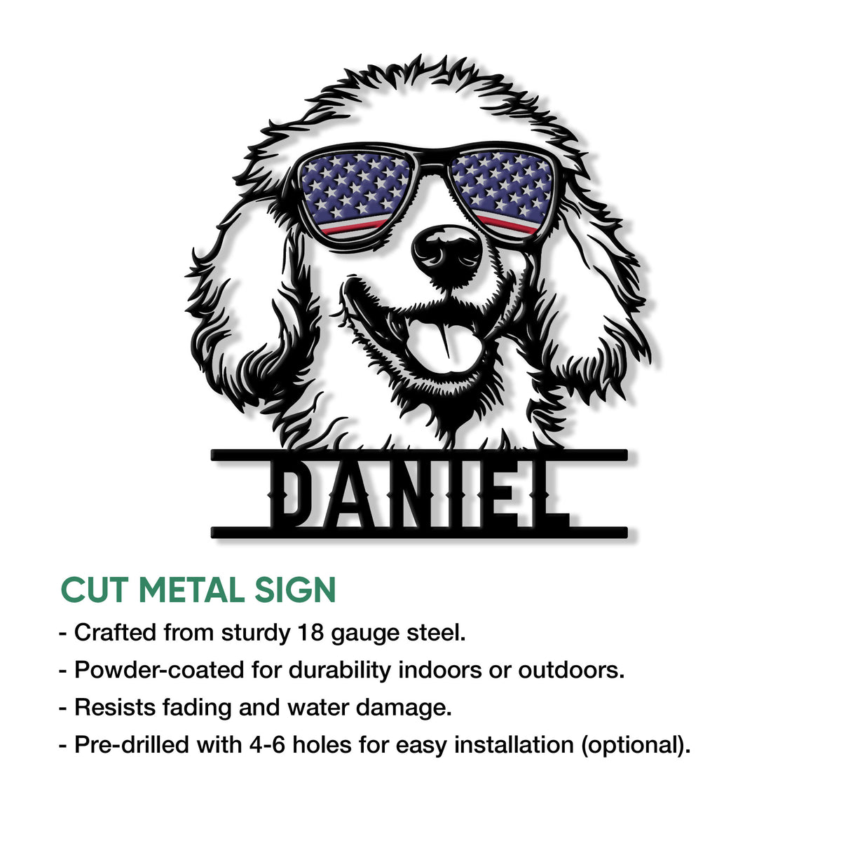 Poodle metal sign product graphic highlighting cut-metal construction and display features