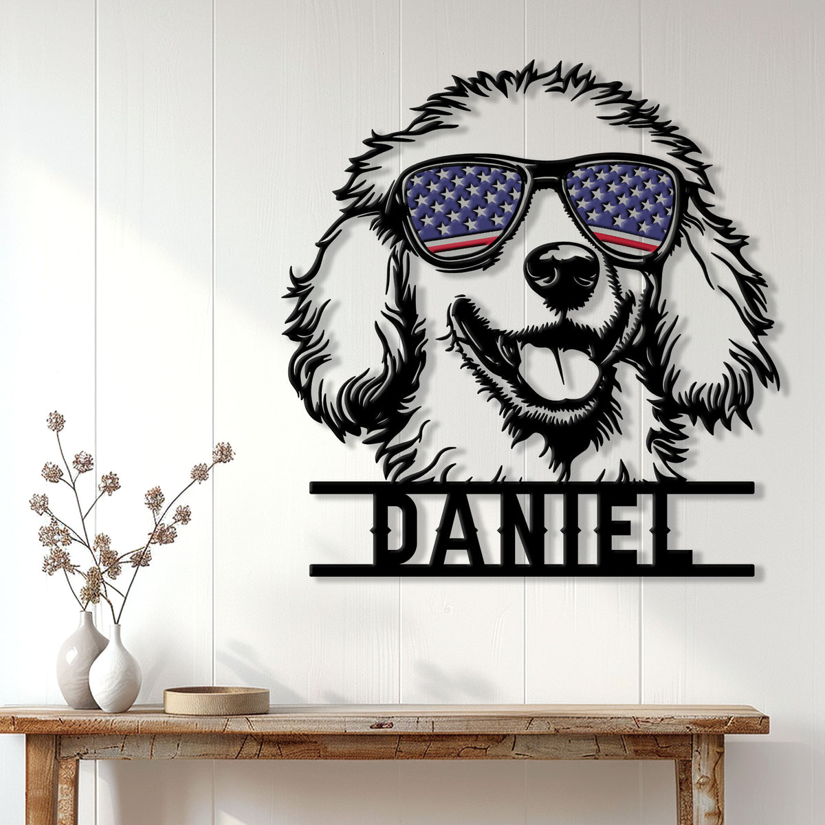 Patriotic poodle metal sign displayed as playful dog lover wall decor in a home