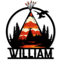 Custom Native American metal sign featuring a teepee, flying eagle, forest, mountains, and warm sunset colors