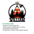 Native American teepee metal sign shown in a cut-metal product feature graphic with an eagle and mountain scene