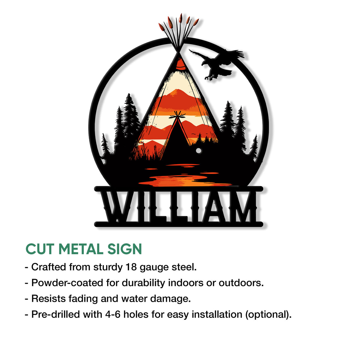 Native American teepee metal sign shown in a cut-metal product feature graphic with an eagle and mountain scene