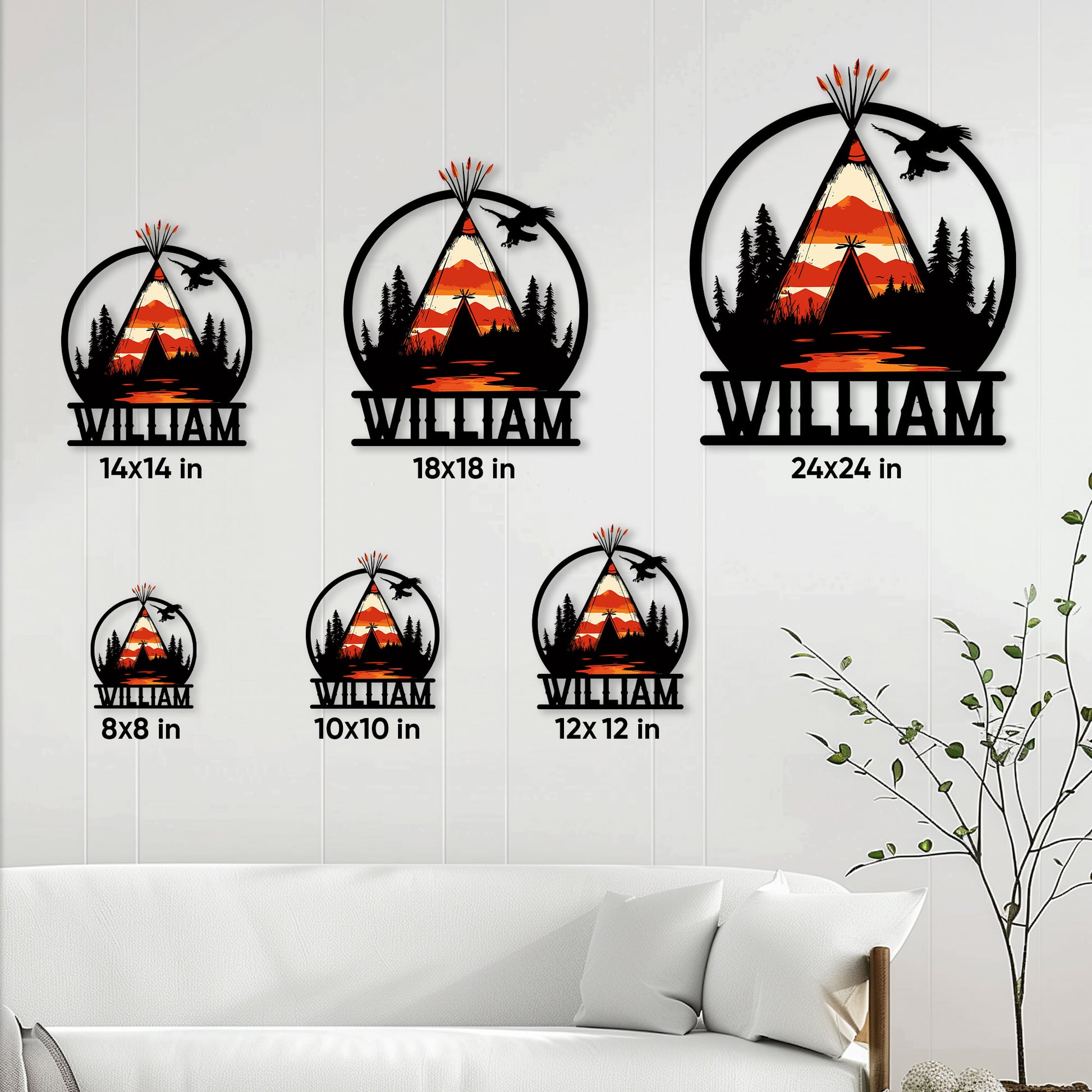 Native American teepee metal sign size guide showing multiple wall decor size options in a living room setting