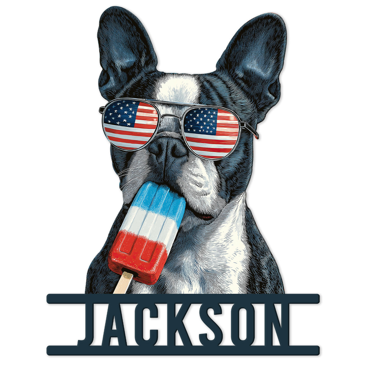 Boston Terrier metal sign featuring patriotic sunglasses and a red, white, and blue frozen treat
