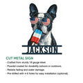 Boston Terrier cut metal sign shown with product features and indoor or outdoor display information
