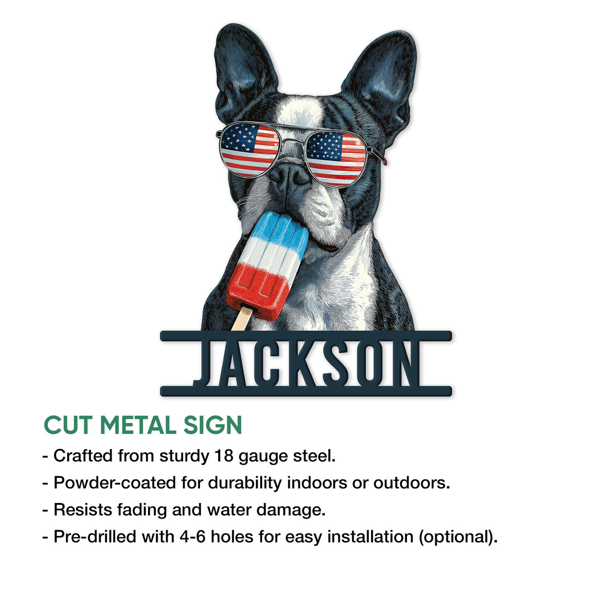 Boston Terrier cut metal sign shown with product features and indoor or outdoor display information