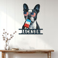 Patriotic Boston Terrier wall sign displayed on a bright paneled wall above a console table