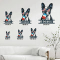 Boston Terrier metal sign shown in multiple size options on a modern living room wall