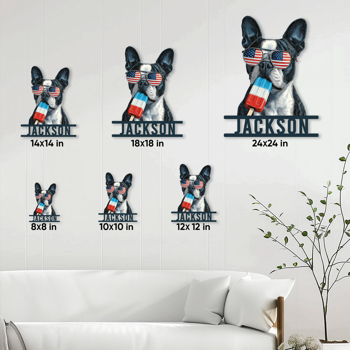 Boston Terrier metal sign shown in multiple size options on a modern living room wall