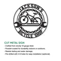 Cut metal bicycle shop sign shown with product feature details for indoor or outdoor wall display