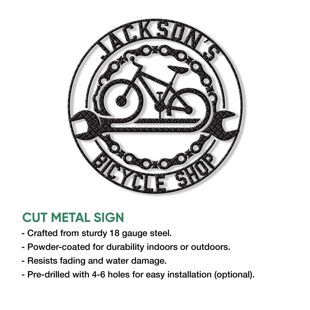 Cut metal bicycle shop sign shown with product feature details for indoor or outdoor wall display