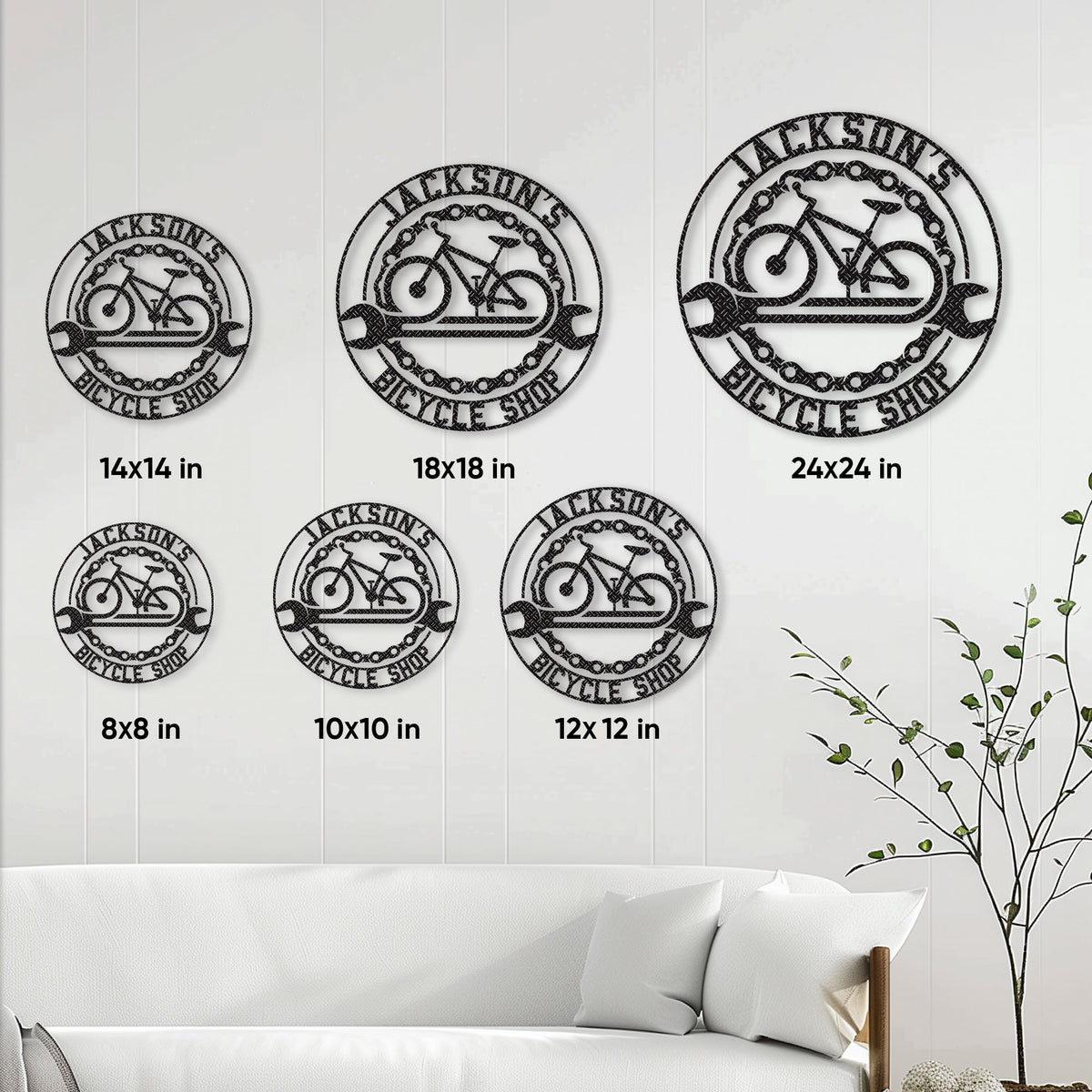 Bicycle shop metal sign size guide showing available round sizes from 8 by 8 to 24 by 24 inches
