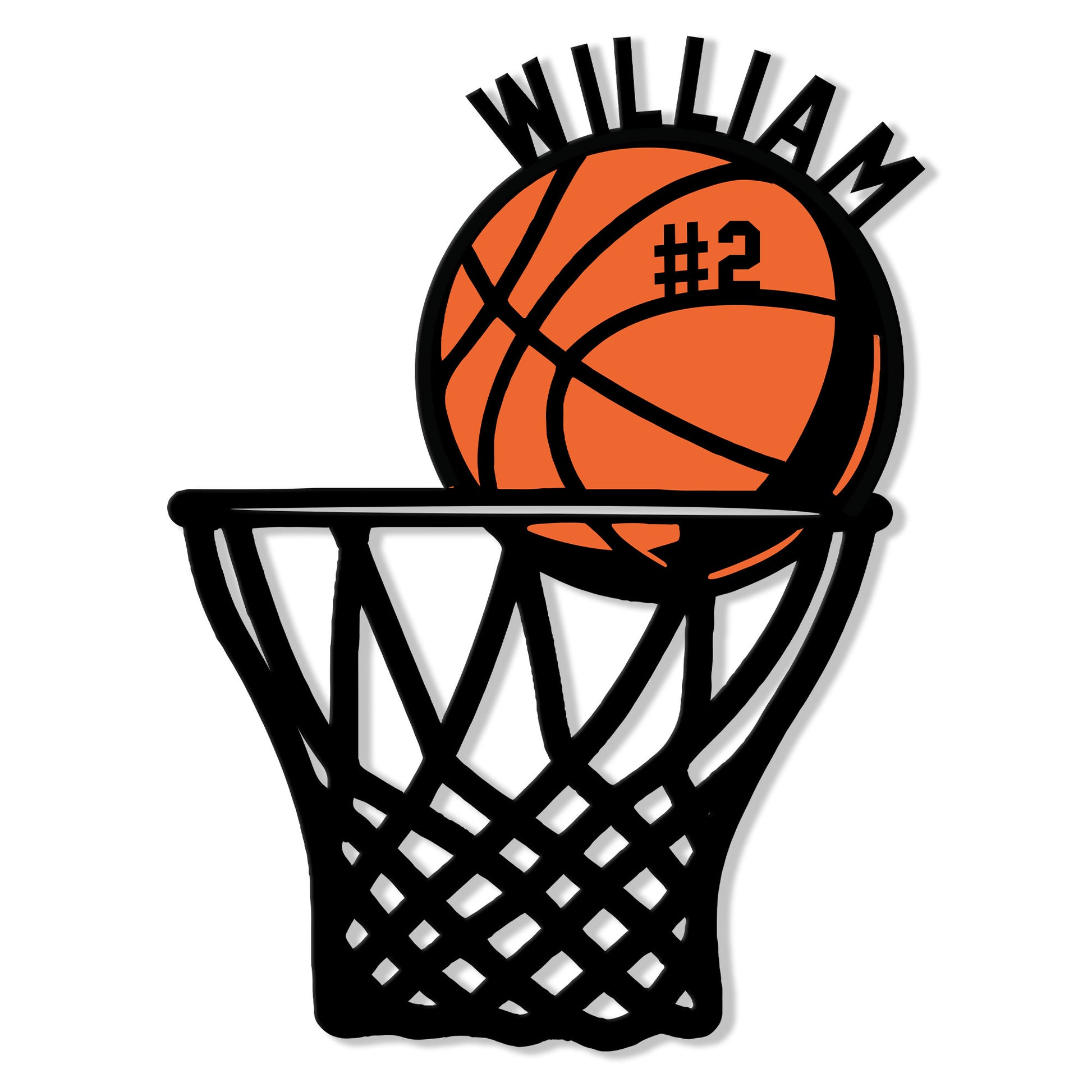 Basketball metal sign featuring an orange ball resting on a bold black hoop and net silhouette