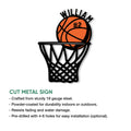 Basketball hoop metal sign shown with a cut metal sign feature and product details infographic