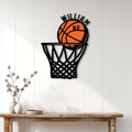 Basketball wall sign displayed on a light paneled wall above a wood console table