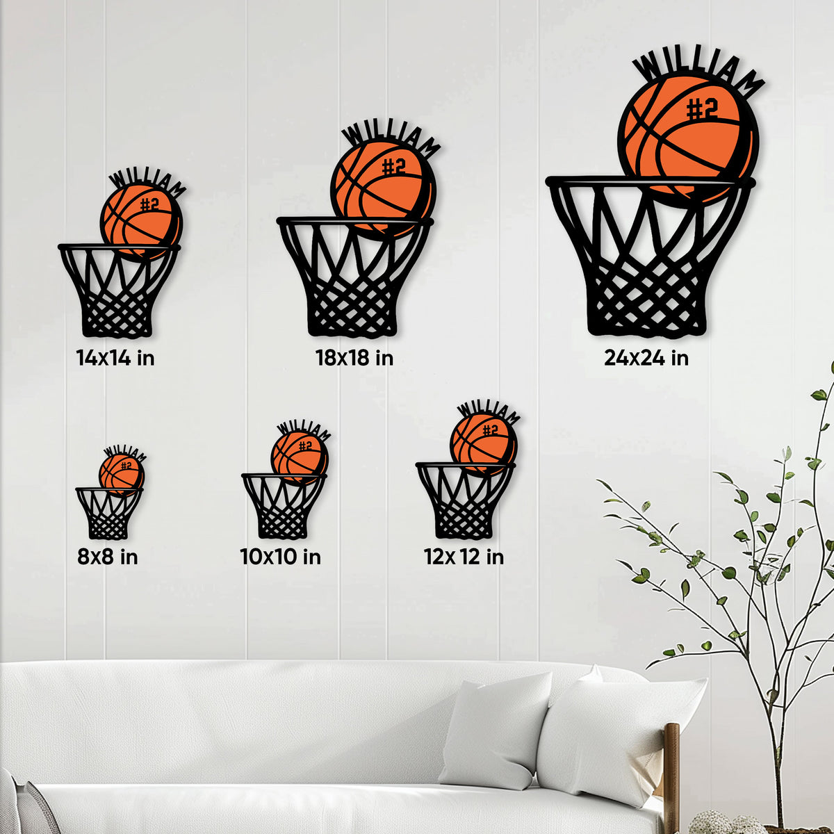 Basketball metal sign size guide showing available dimensions from 8 by 8 to 24 by 24 inches