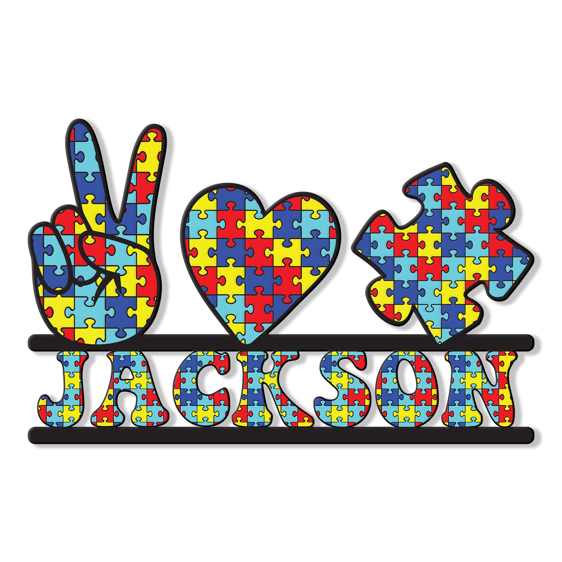 Custom autism metal sign featuring a colorful puzzle-pattern hand, heart, and puzzle piece design