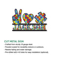 Autism awareness metal sign with colorful puzzle artwork and cut metal sign feature information