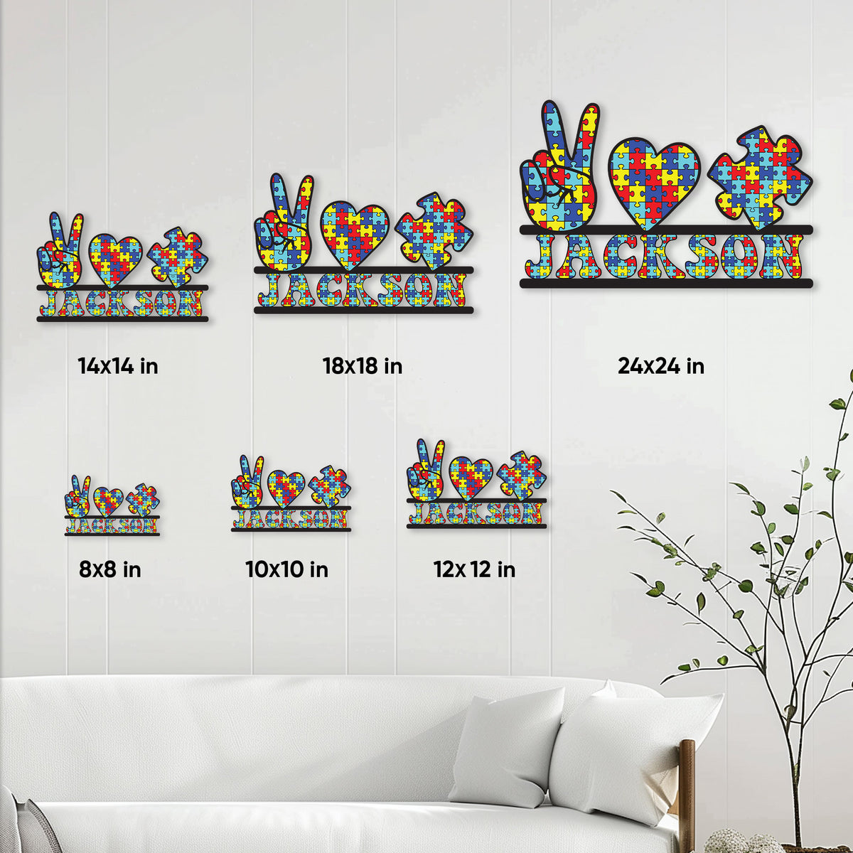 Autism puzzle design metal sign size guide showing available square sizes from 8 by 8 to 24 by 24 inches