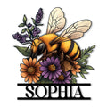 Colorful bee metal sign with purple and orange flowers, green leaves, and a decorative custom design