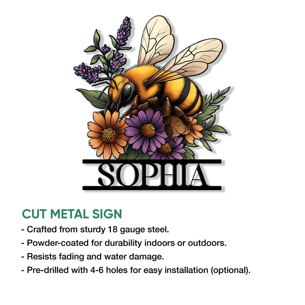 Bee and flower metal sign shown with its cut design and decorative garden-inspired artwork