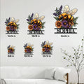 Bee metal sign size guide showing six available square sizes in a bright living room setting