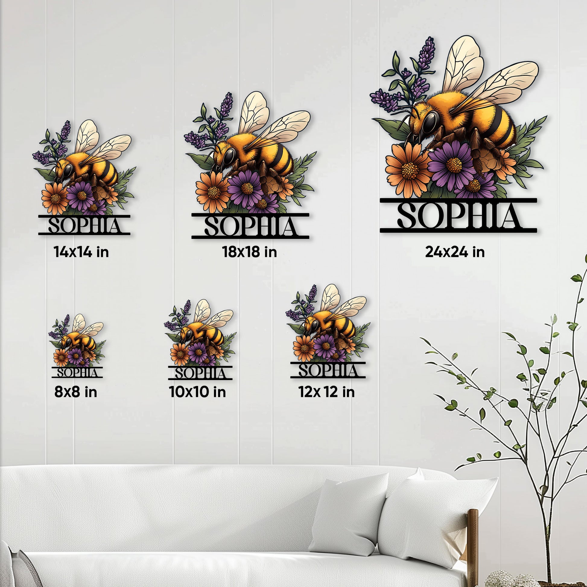 Bee metal sign size guide showing six available square sizes in a bright living room setting