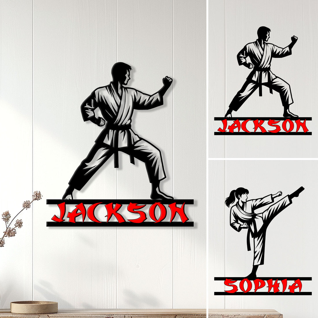 Custom karate metal sign displayed as wall decor with martial artist silhouettes in striking poses