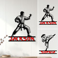 Custom karate metal sign displayed as wall decor with martial artist silhouettes in striking poses