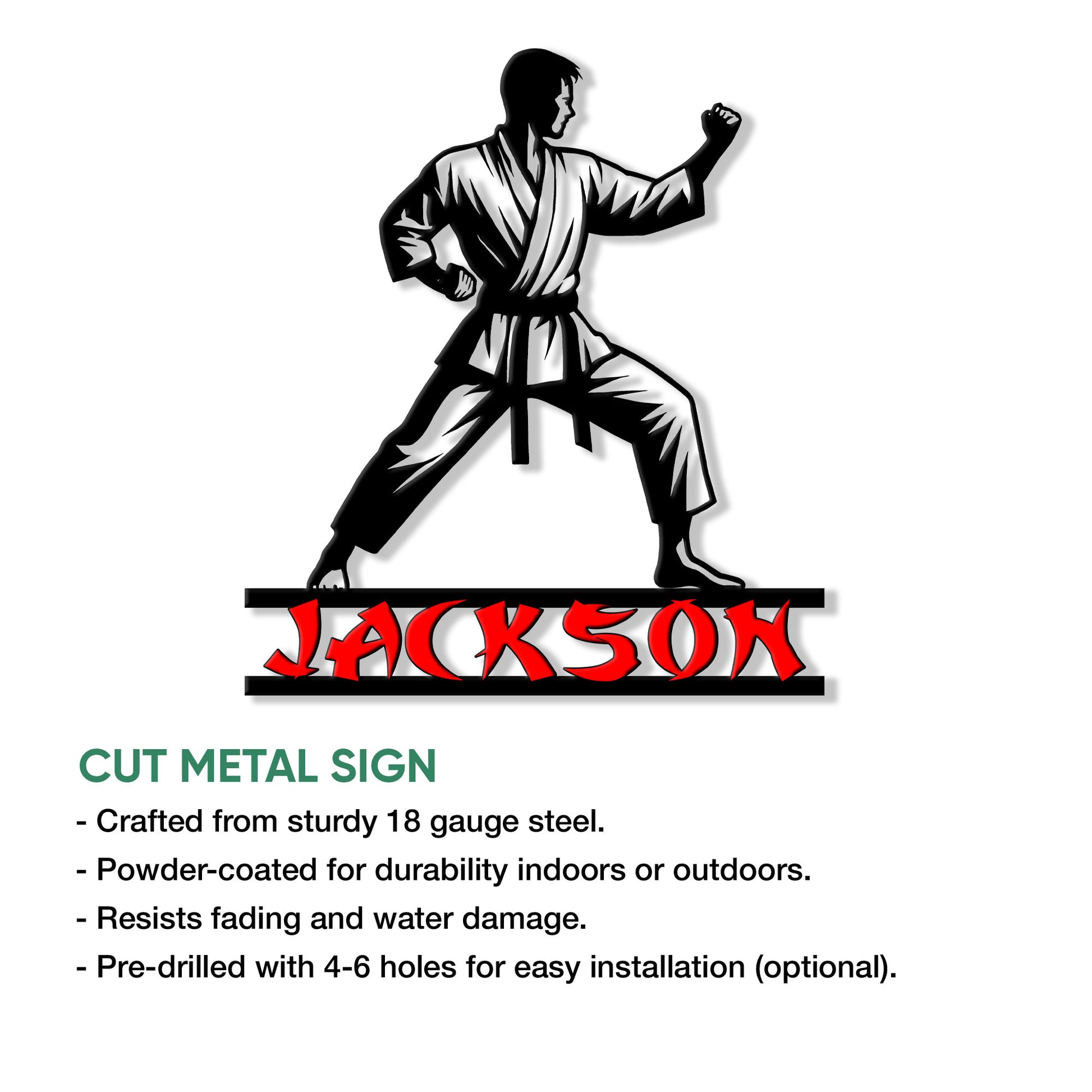 Karate metal sign featuring a martial artist in a strong fighting stance and bold red lettering