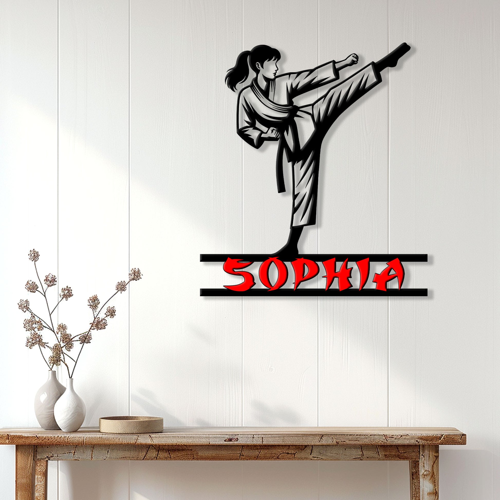 Karate wall sign shown in a home setting with a martial artist performing a high kick