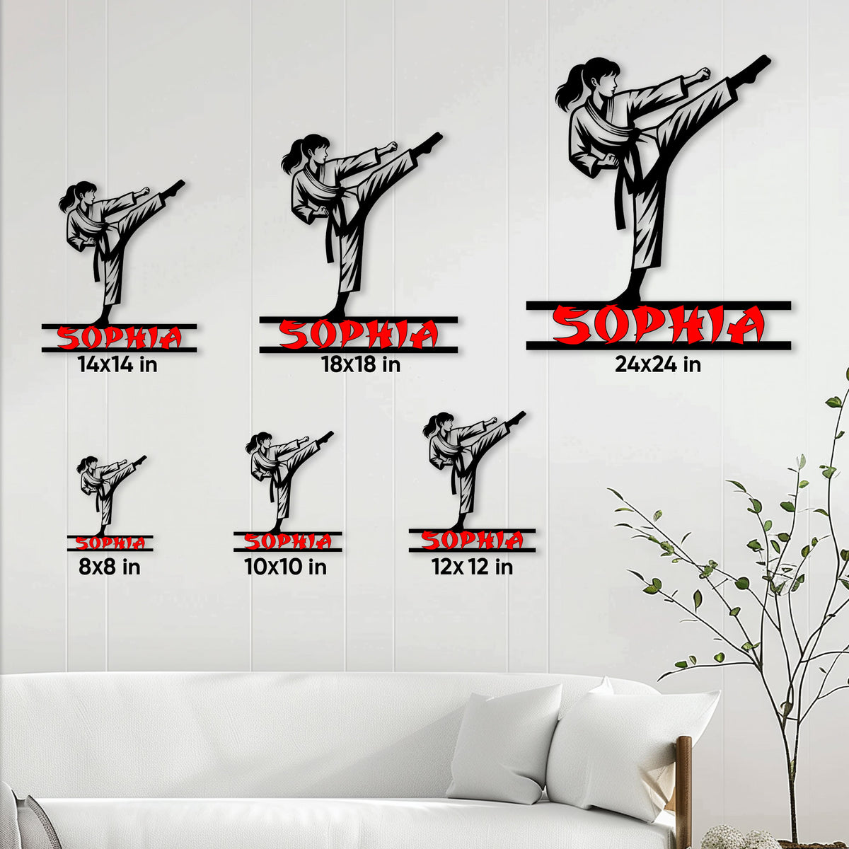 Karate metal sign displayed in multiple size options with a female martial artist silhouette