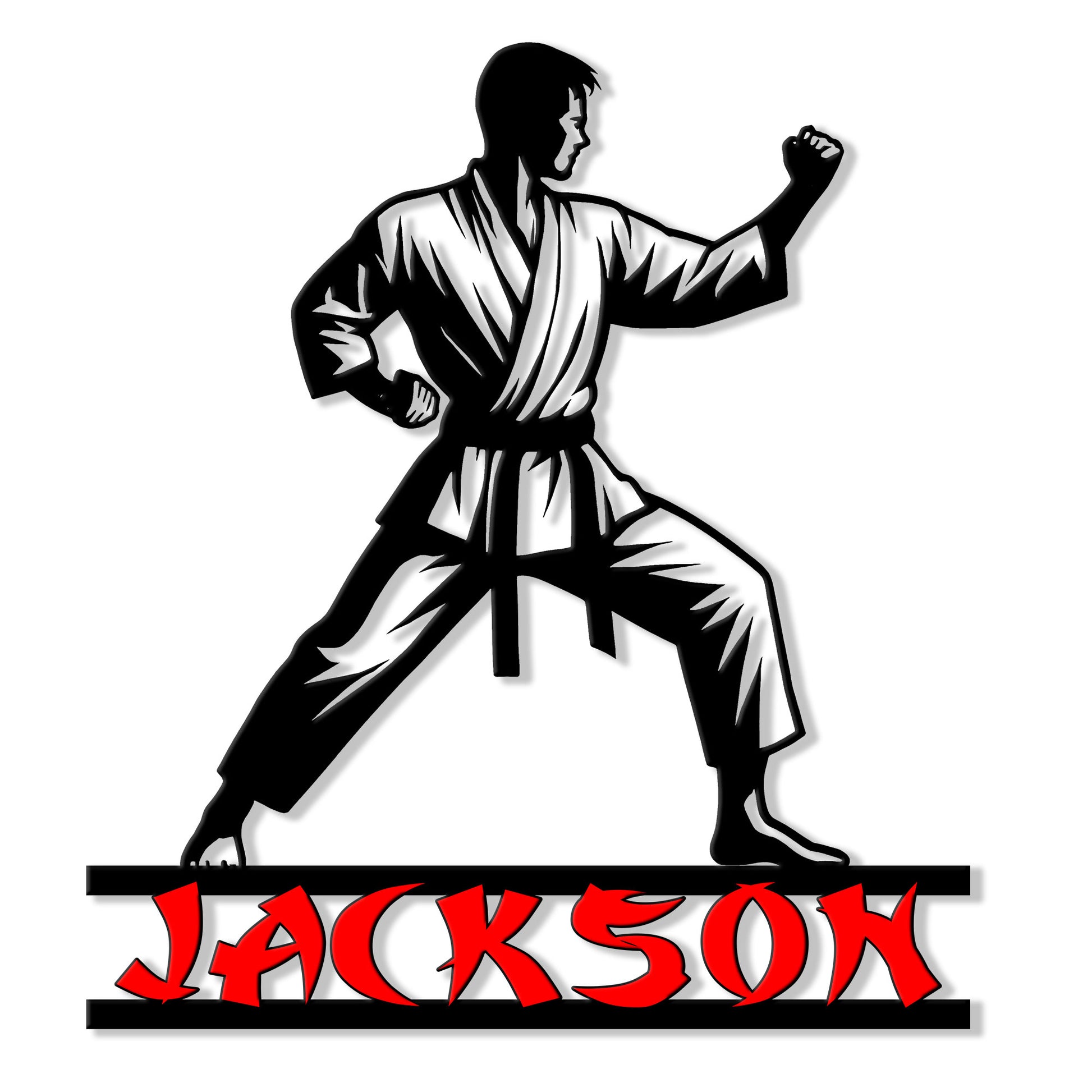 Close-up karate metal sign featuring a martial artist in a powerful defensive stance