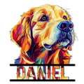 Colorful geometric Golden Retriever portrait on a custom cut metal sign with bold black framing