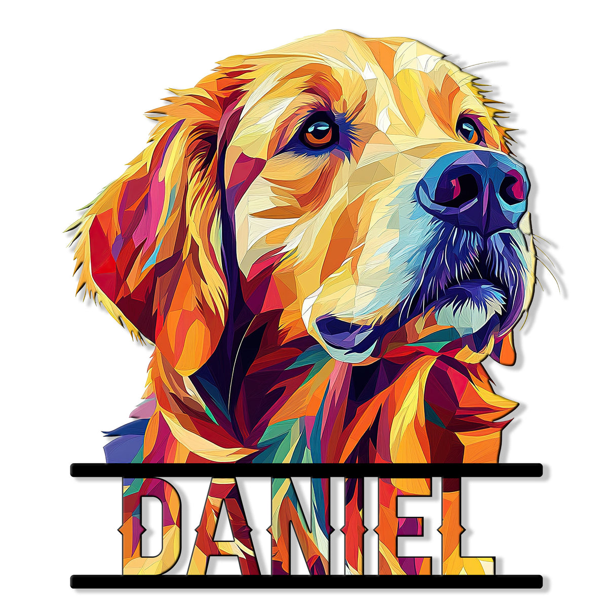Colorful geometric Golden Retriever portrait on a custom cut metal sign with bold black framing