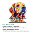 Golden Retriever metal sign shown with a product feature infographic for indoor or outdoor display